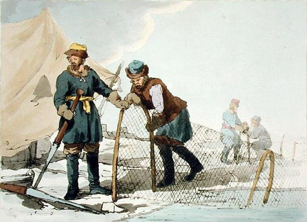 Téli halászat, a művész metszete, megjelent 1804 (színes litográfia) alkotó: John Augustus Atkinson
