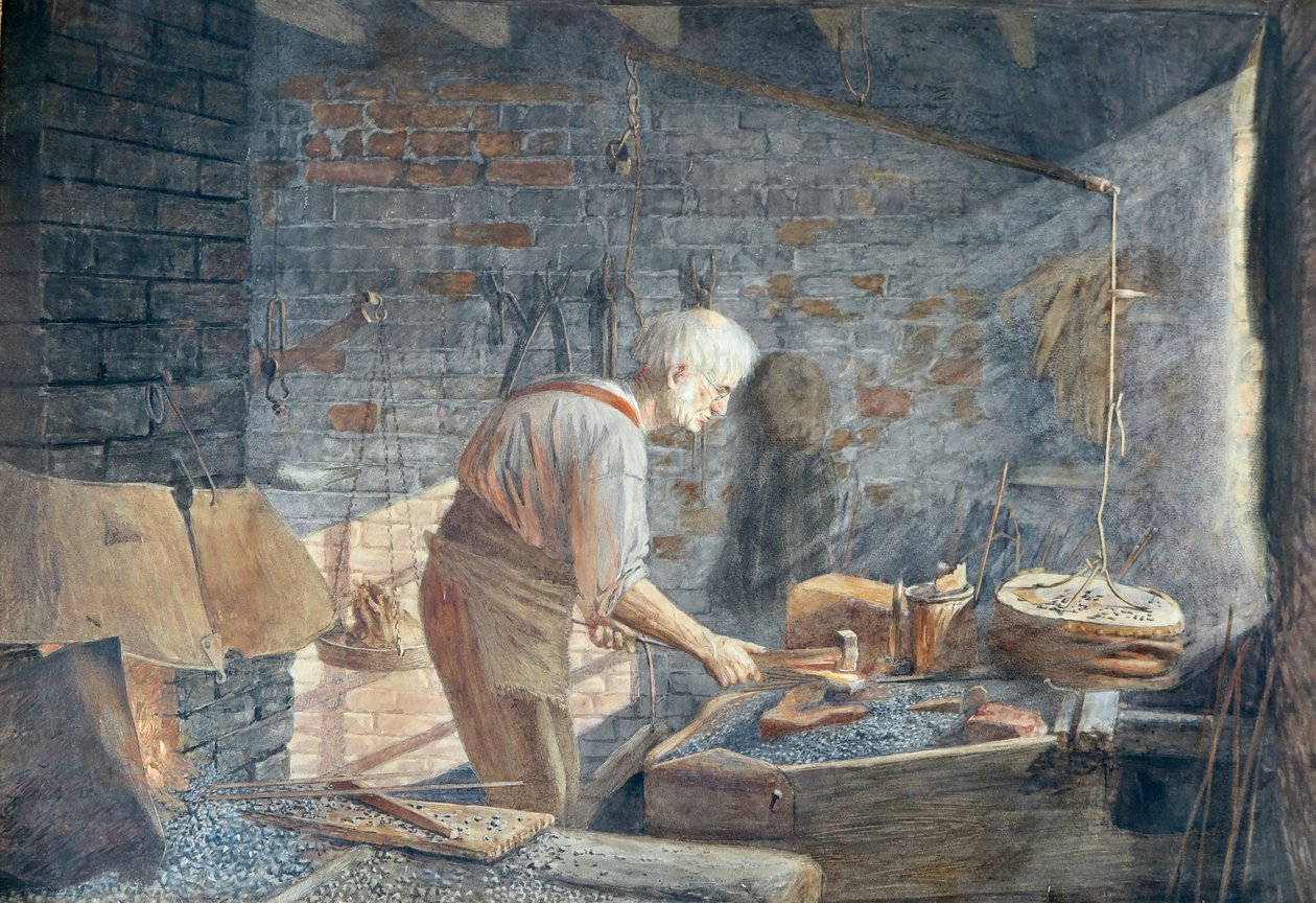 Egy kovács dolgozik kovácsműhelyében (akvarell) alkotó: John B. Gibbs