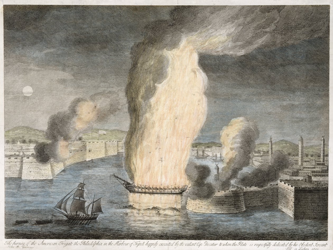 The Burning of the American Fregate [sic] the Philadelphia Tripoli kikötőjében, 1805 (kézzel színezett vonalmetszet fektetett papíron) alkotó: John B. Guerazzi