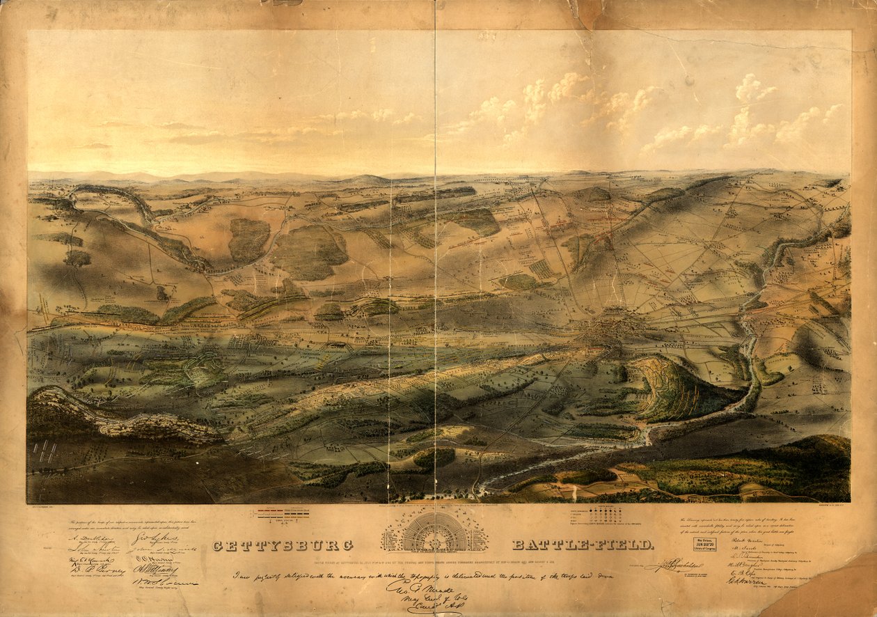 Gettysburg csatatér. A csata Gettysburgban (Pa.) 1863. július 1-jén, 2-án és 3-án a szövetségi és a konföderációs hadsereg által, Genl parancsnoksága alatt. G. G. Meade és Genl. Robert E. Lee alkotó: John Bachelder