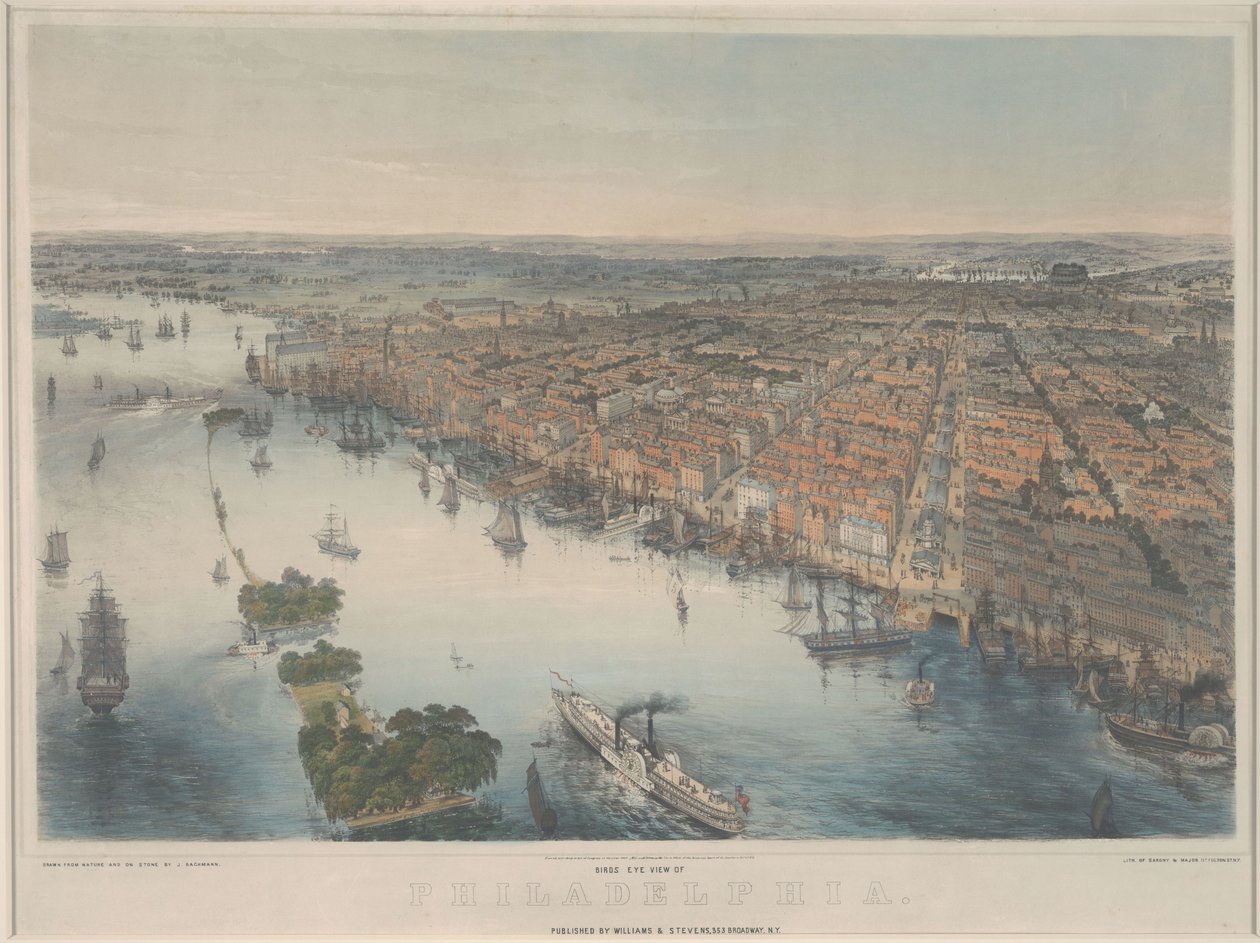 Philadelphia madártávlatából, 1850 körül (színes litho) alkotó: John Bachmann