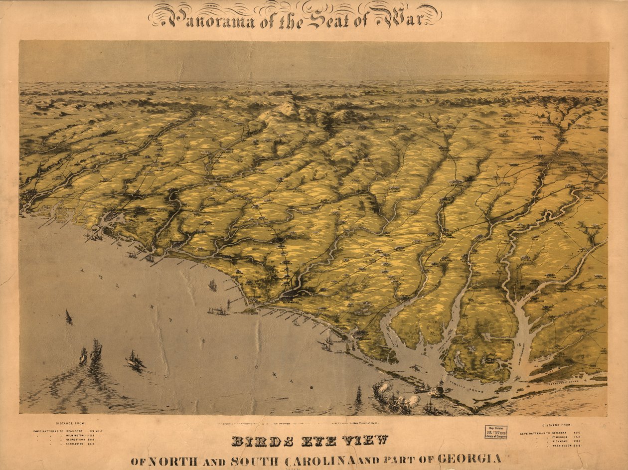 Észak- és Dél-Karolina, valamint Georgia egy része madártávlatból. LOC 99447447 alkotó: John Bachmann