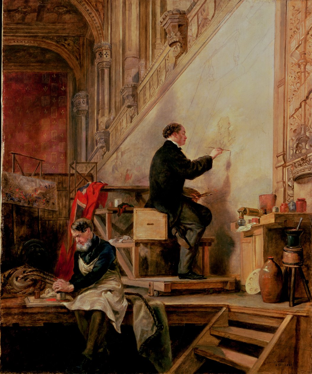 Daniel Maclise (1806-70) festette Nelson halála című falfestményét a Lordok Házában, 1865 alkotó: John Ballantyne