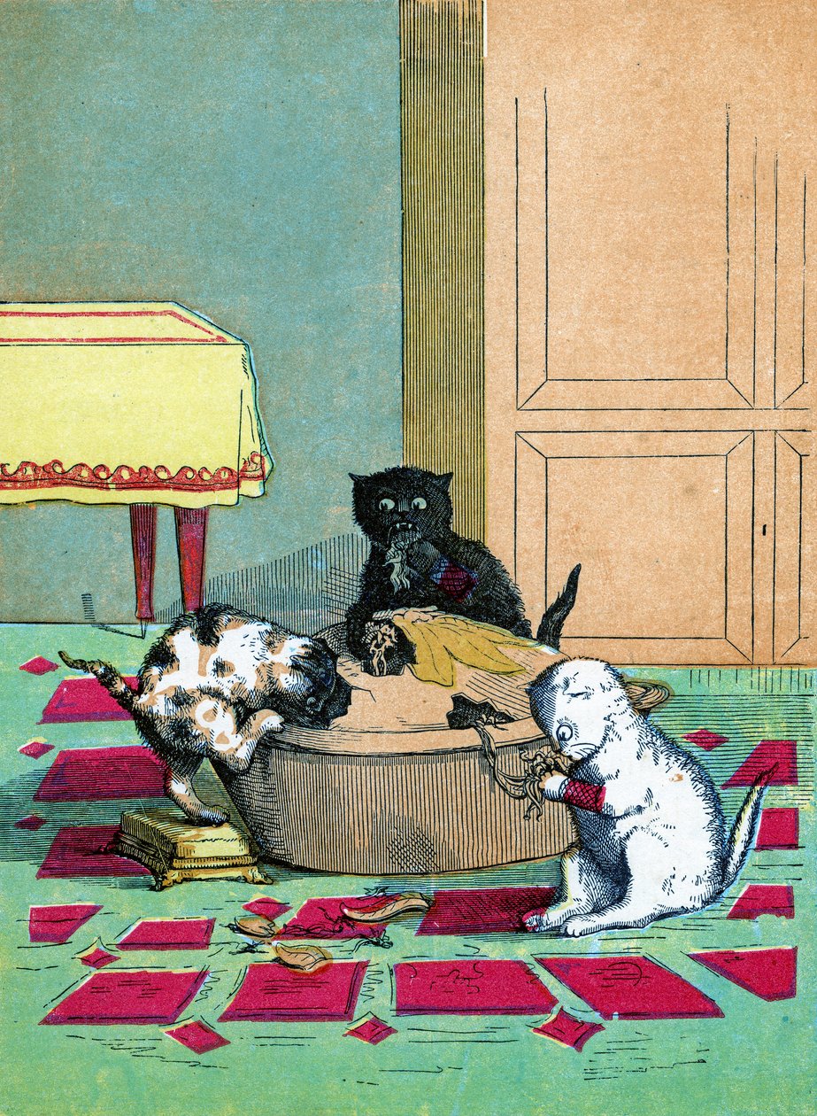 Három kis cica kesztyűben, és pitét eszik, illusztráció a "Three Little Kittens" 1859-ből alkotó: John Ballantyne