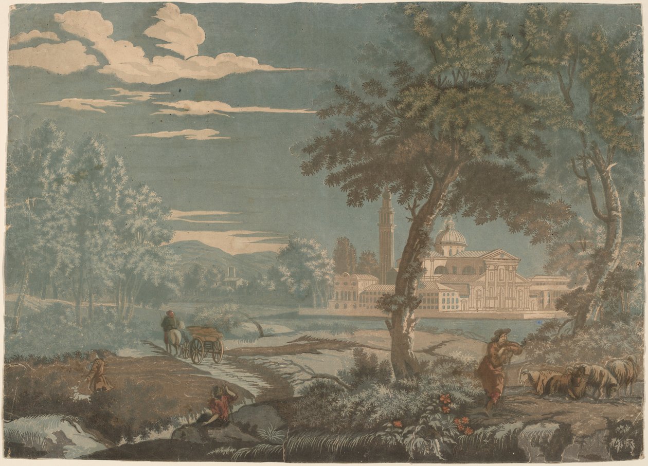 Hősi táj szekérrel és kecskepásztorral, háttérben San Giorgio Maggiore-val alkotó: John Baptist Jackson after Marco Ricci