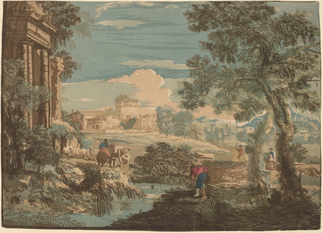 Hősi táj halászokkal, tehenekkel és lovasokkal alkotó: John Baptist Jackson after Marco Ricci