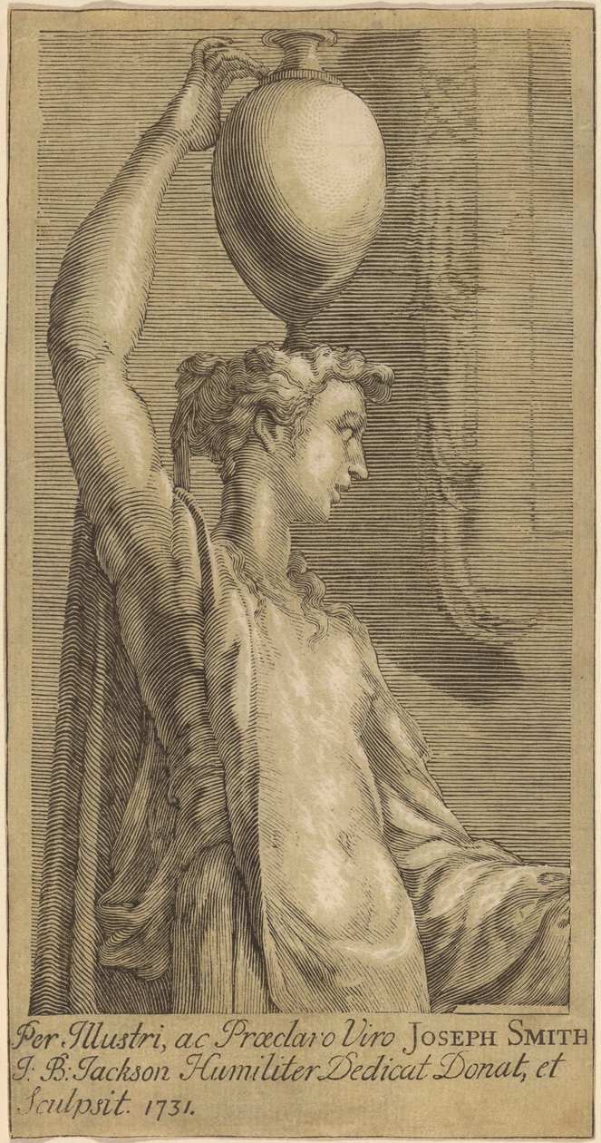 Nő, aki egy korsót tart a fején alkotó: John Baptist Jackson, after Parmigianino