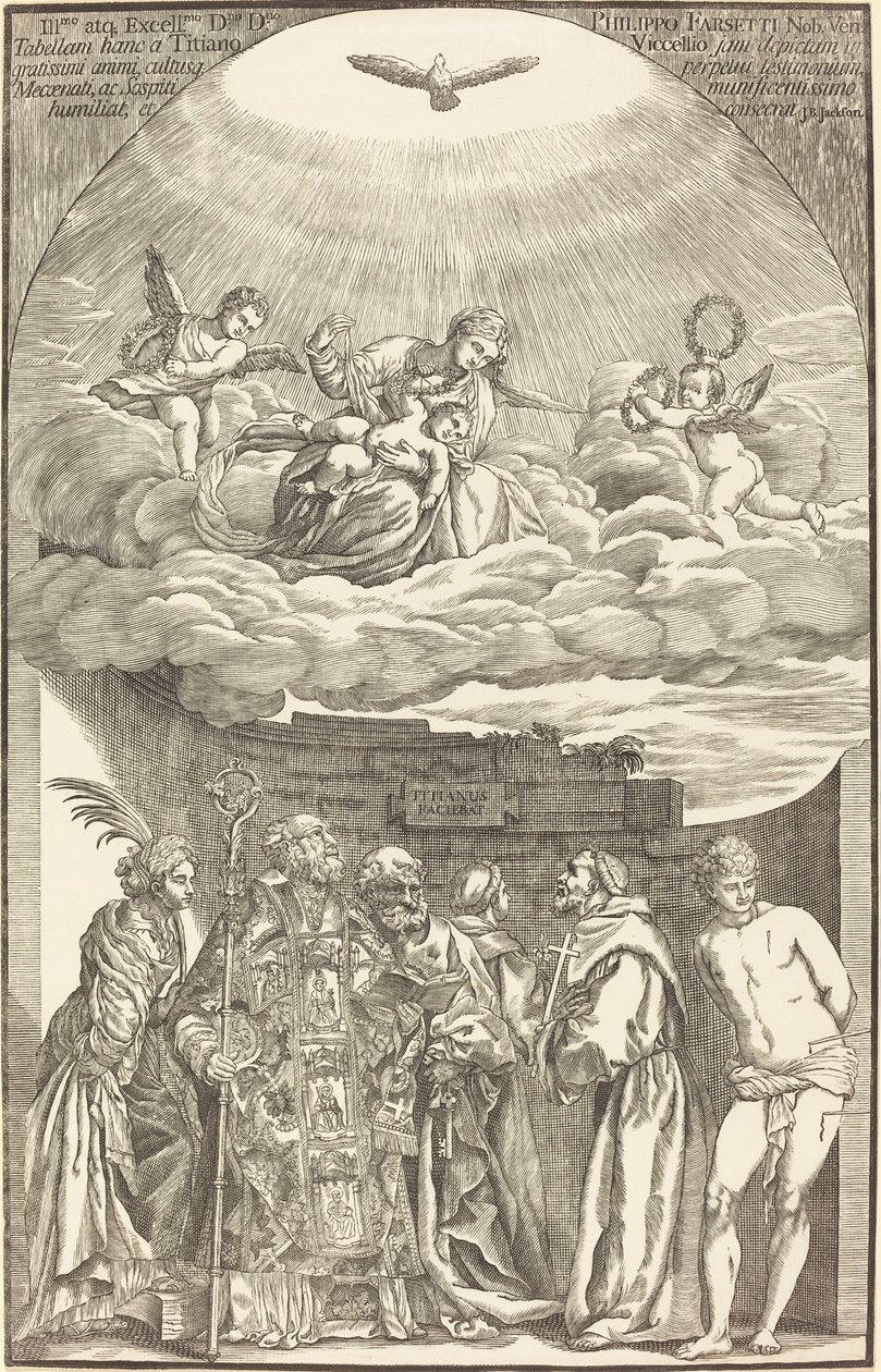 A Szűz a felhőkben és a hat szent alkotó: John Baptist Jackson after Titian