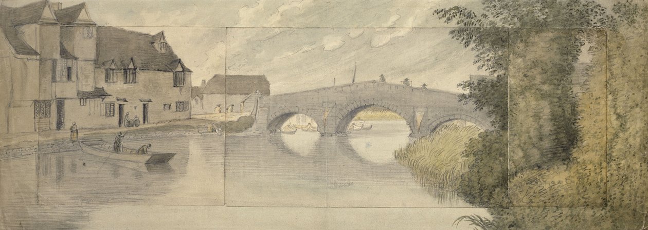 Hythe Bridge, Oxford, 1789 (akvarell grafit felett három papírlapon, egy nagyobb lapra ragasztott) alkotó: John Baptist Malchair