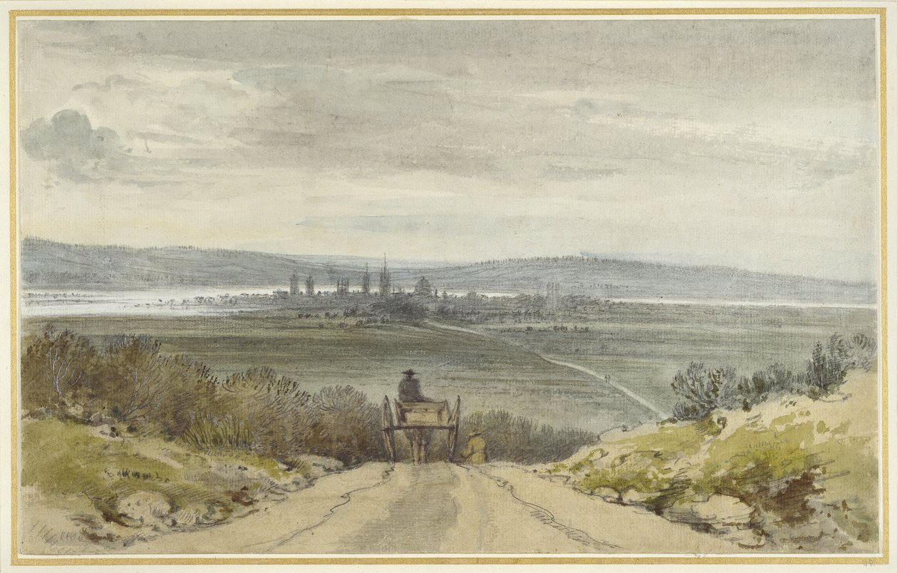 Oxford kilátása a Shotover Hillről Floodtime-ban, Amikor elfogyott a víz, 1791. január 10. (wc ceruzával, papíron) alkotó: John Baptist Malchair