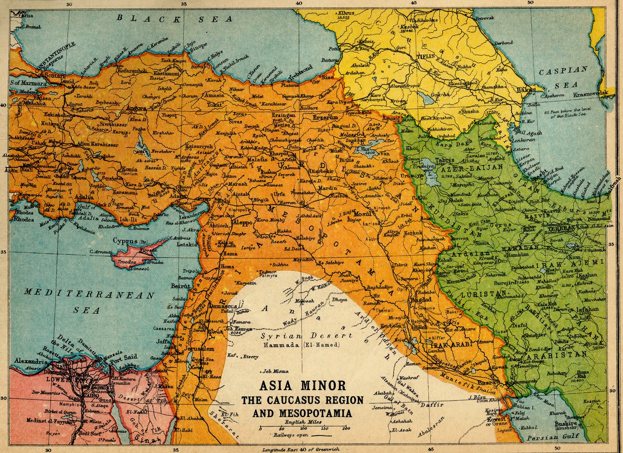 Kis-Ázsia, a Kaukázus Régió és Mezopotámia, Első világháború, c1915, c1920. alkotó: John Bartholomew and Son