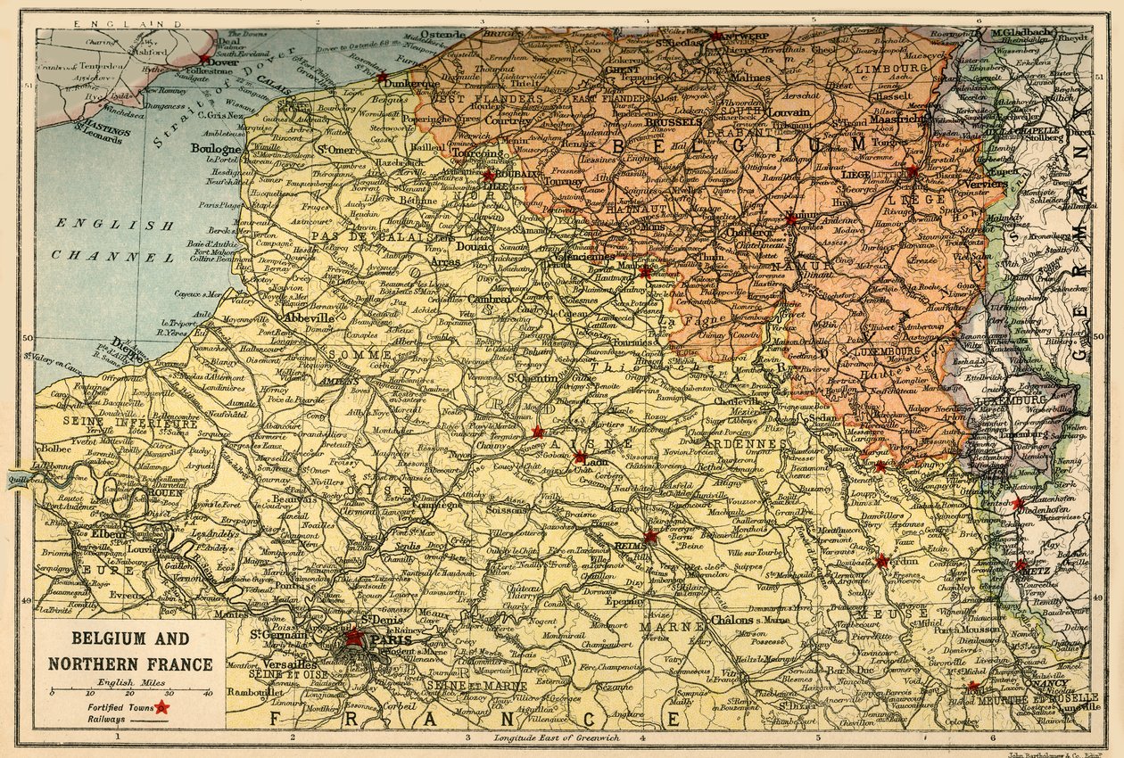 Belgium és Észak-Franciaország térképe, c1914, c1920. alkotó: John Bartholomew and Son