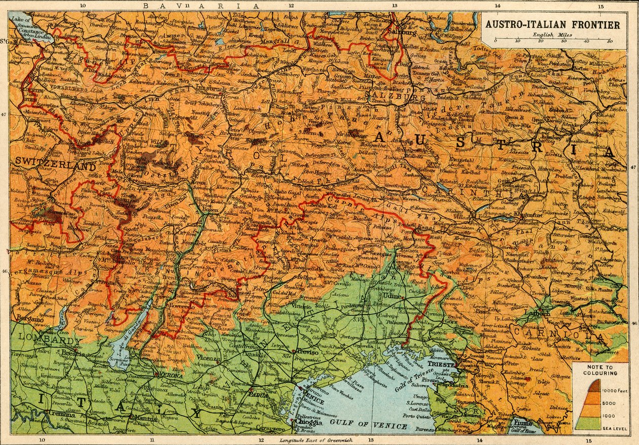 Az osztrák-olasz határ térképe, első világháború, 1920. alkotó: John Bartholomew and Son