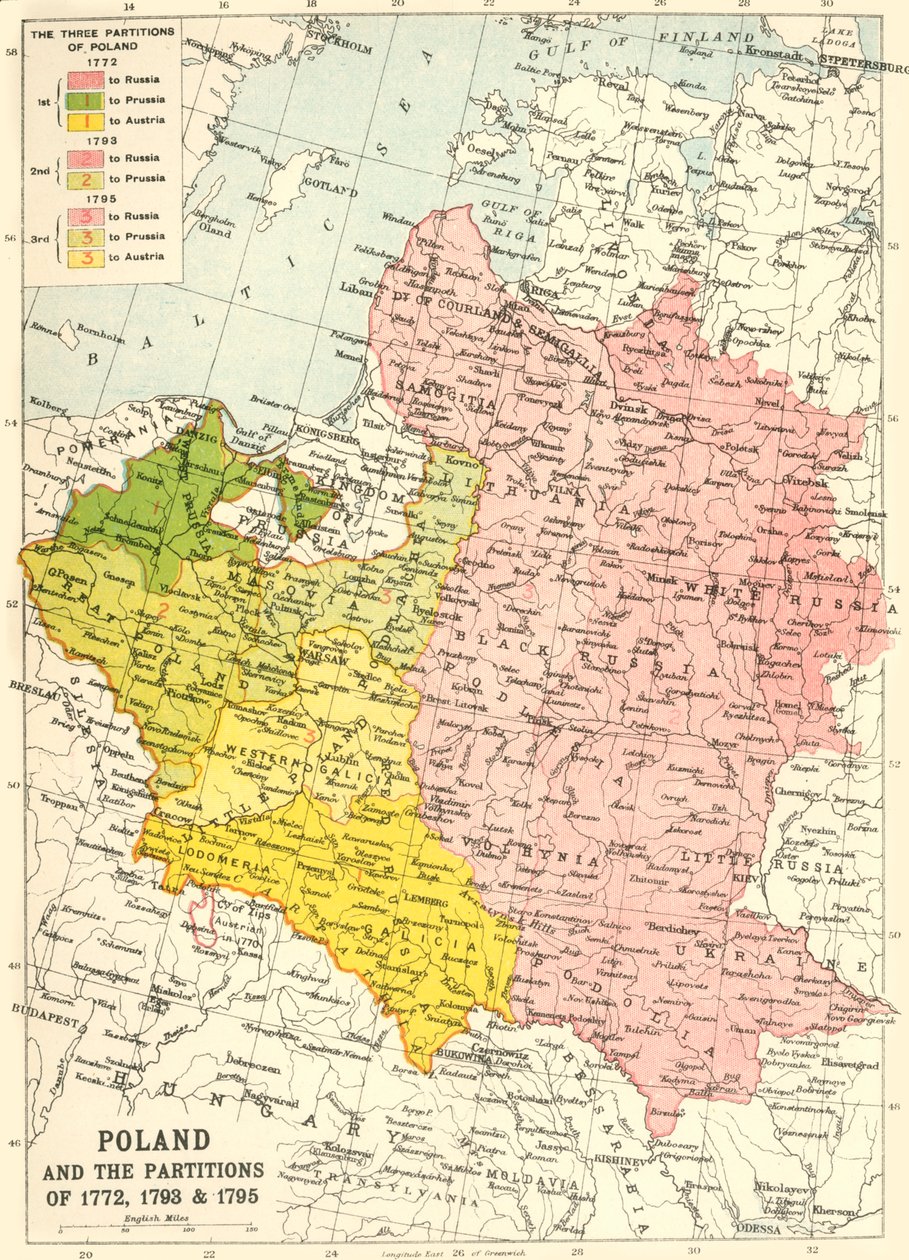 Lengyelország és az 1772-es, 1793-as és 1795-ös felosztások, c1920. alkotó: John Bartholomew and Son