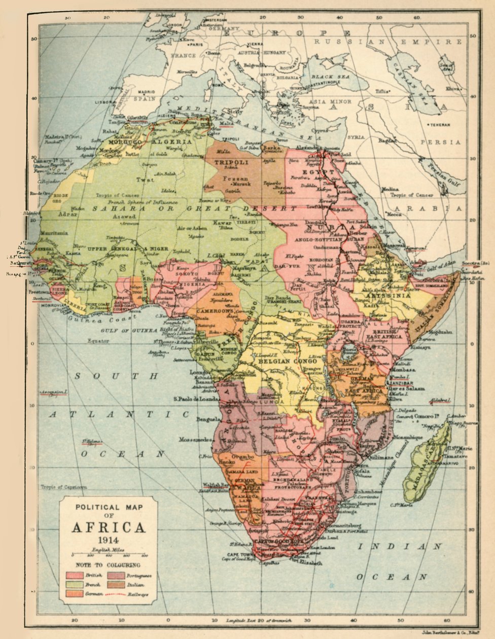 Afrika politikai térképe, 1914, 1920. alkotó: John Bartholomew and Son