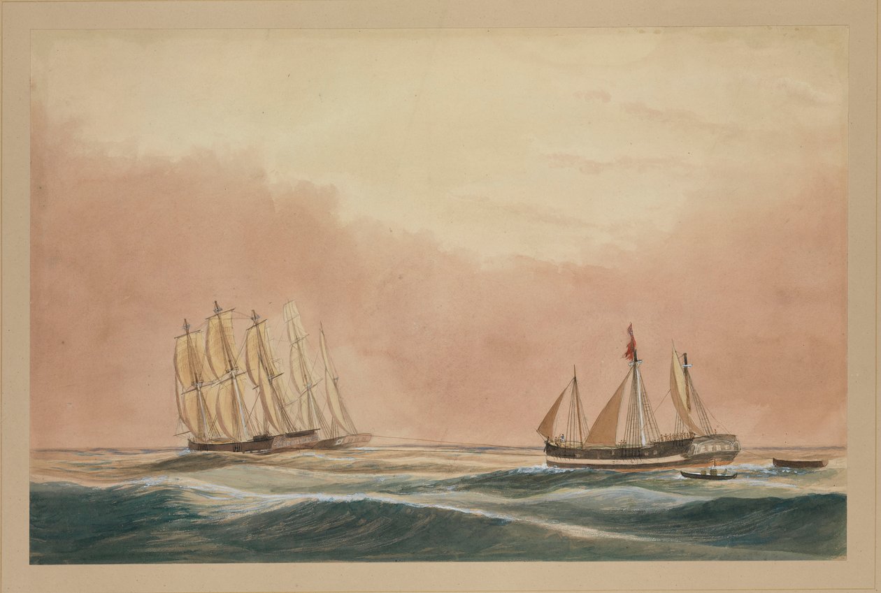 A "Futty Satam" hajót a "Vidra" bárka és a "City of Poona" hajó vontatja Mauritiusra 1851, 1851 körül (akvarell) alkotó: John Becket Hodgson