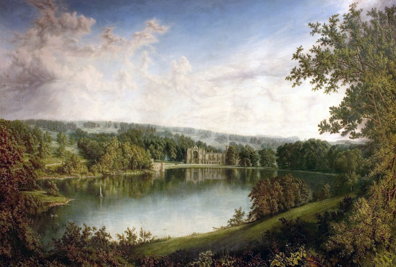 Newstead Abbey, Nottinghamshire, a Felső-tóból, 1866 alkotó: John Bell