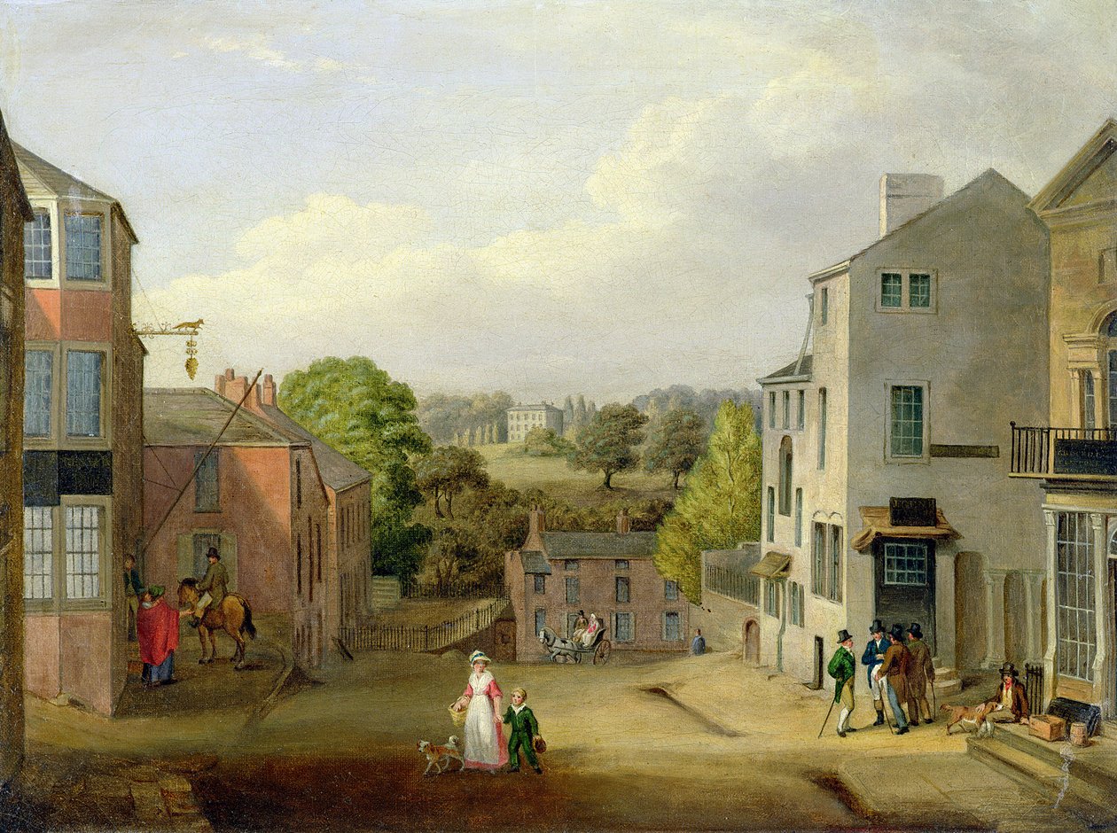 Utcai jelenet Chorley-ban, Lancashire, kilátással a Chorley Hallra, 1790-1817 alkotó: John, Bird