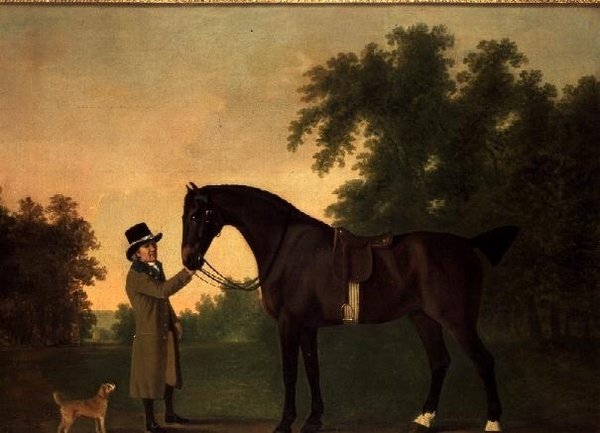 Edward Wilmot Esq portréja Bay Hunterrel és terrierrel a Stubton Parkban alkotó: John Boultbee