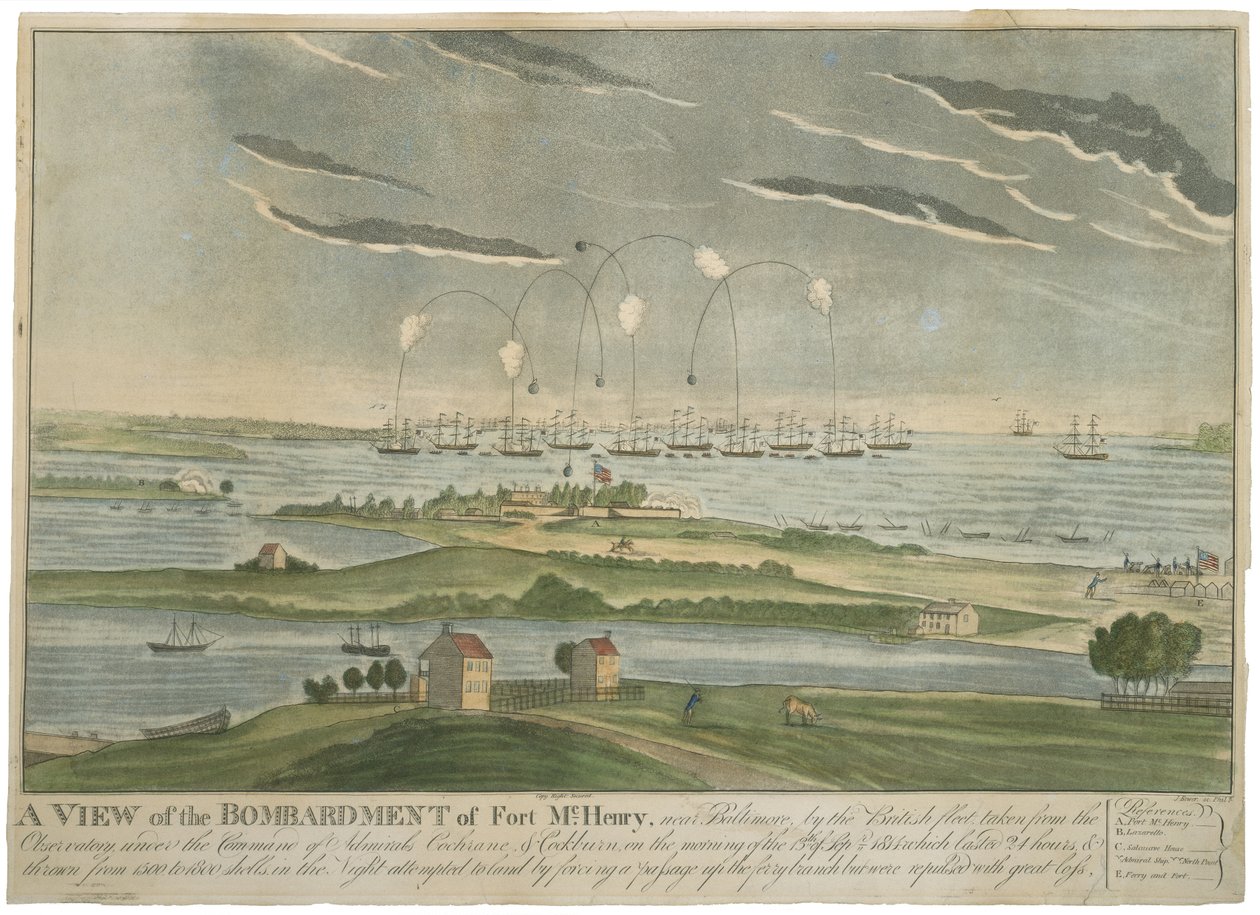 Kilátás a Fort McHenry bombázásáról, c. 1815 (kézzel színezett akvatinta szőtt papíron) alkotó: John Bower
