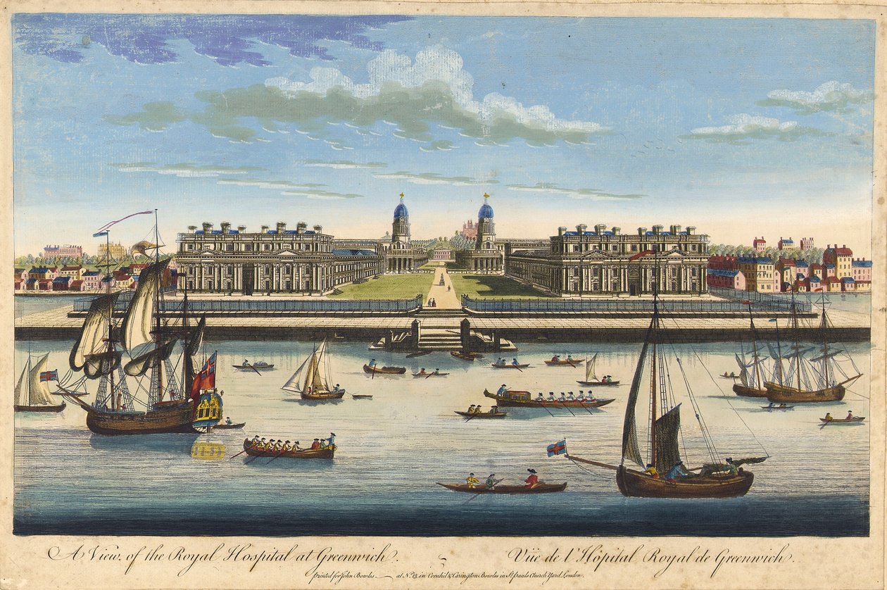 A greenwichi királyi kórház látképe, 1770 körül (színes metszet) alkotó: John Bowles