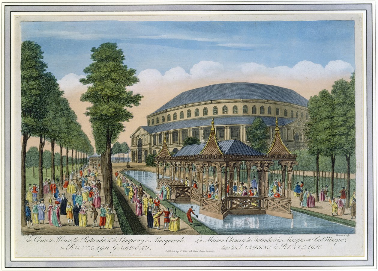 A Kínai Ház, a Rotunda és a Társaság maszkabálban a Ranelagh Gardensben (színes akvatinta) alkotó: John Bowles