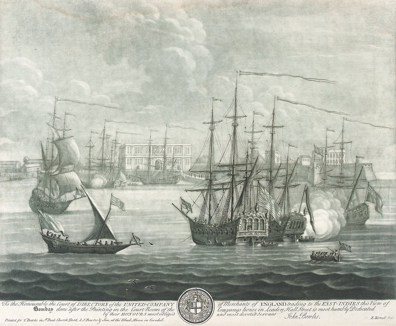 Bombay (India) látképe, a Brit Kelet-indiai Társaság igazgatójának szentelve. John Bowles () metszete alkotó: John Bowles