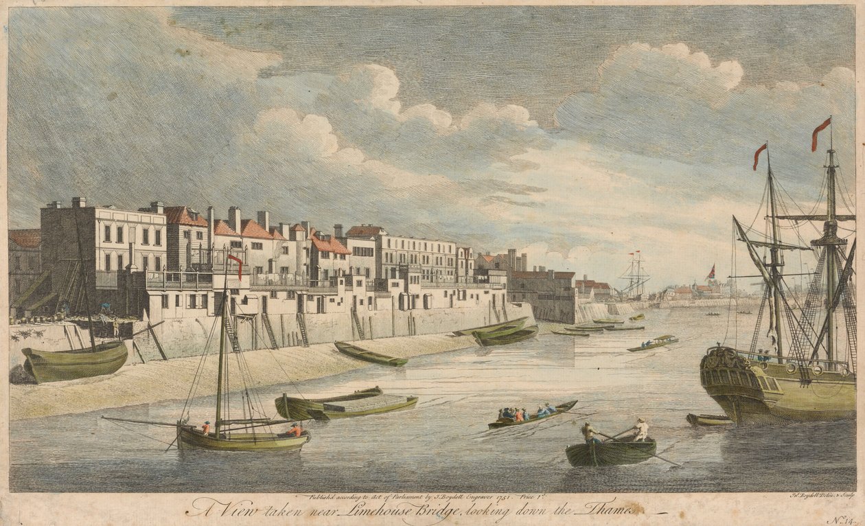 Kilátás a Limehouse Bridge közeléből, lefelé a Temzén alkotó: John Boydell