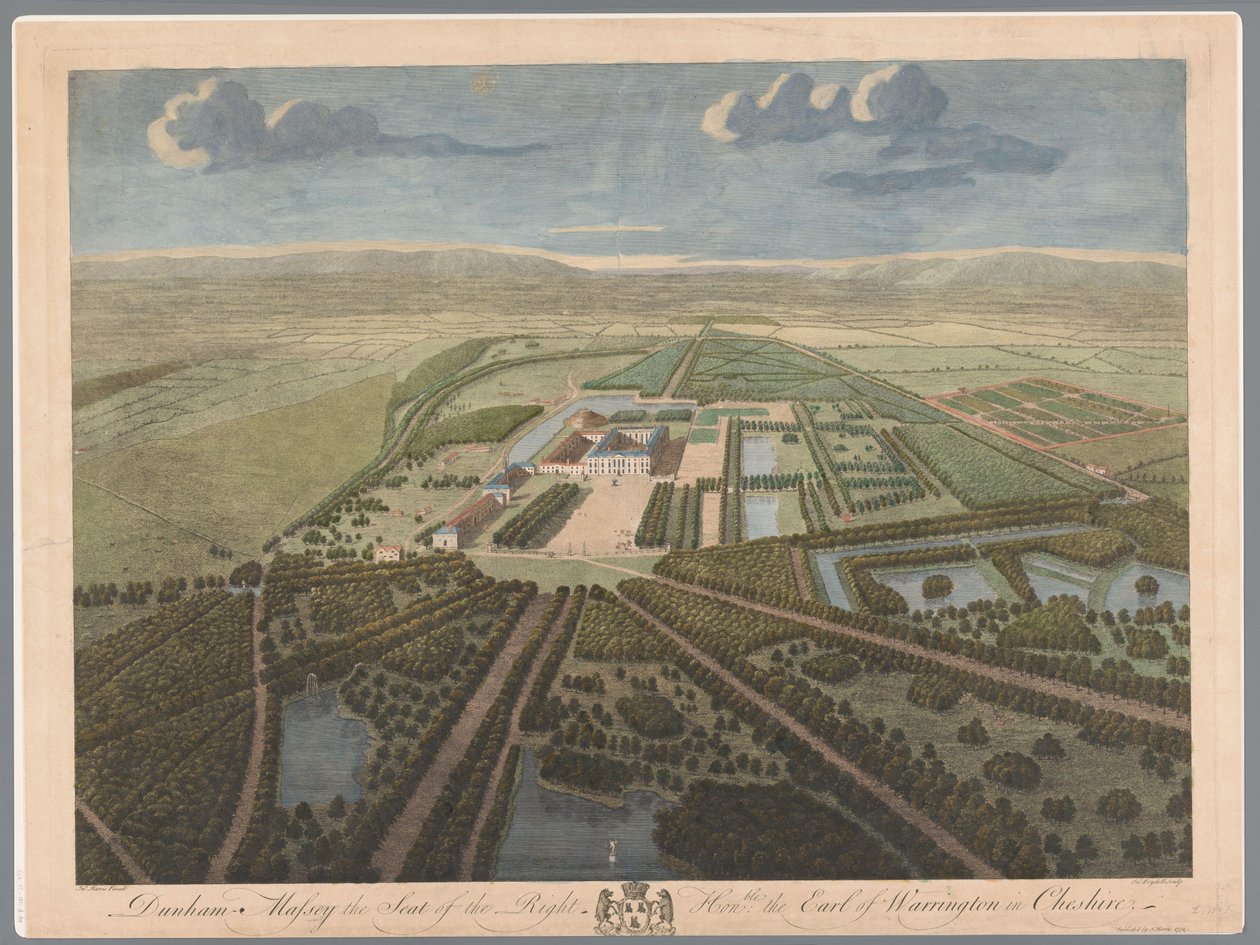 Gezicht op Dunham Massey Cheshire-ben Dunham Massey, a jobboldal székhelye: ble, Warrington grófja Cheshire-ben (cím a tárgyon) alkotó: John Boydell