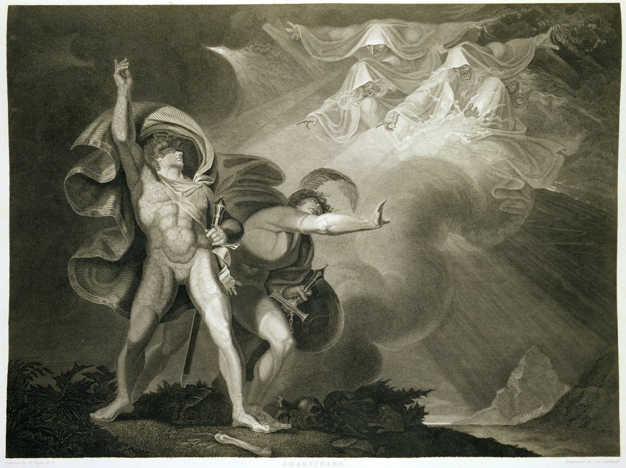 Macbeth, Banquo és a három boszorkány a magasban William Shakespeare (1564-1616) 1805-ben megjelent I. felvonásában, a Macbeth III. alkotó: John Boydell