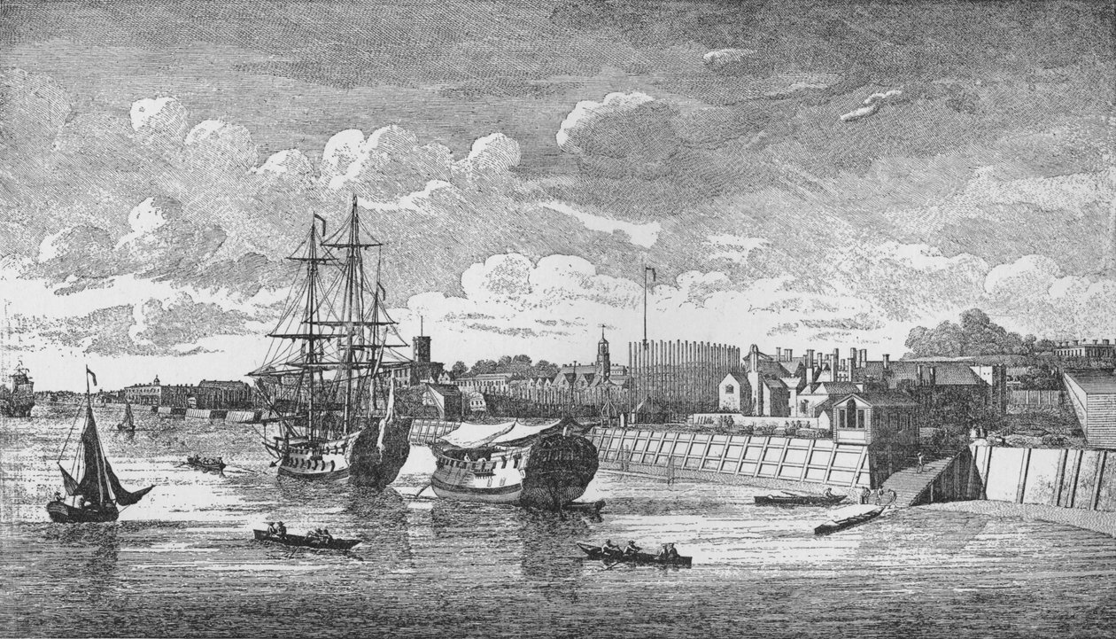 Woolwich Dockyard a Temzéből, c1750, 1912. Művészek: Ismeretlen, John Boydell. alkotó: John Boydell