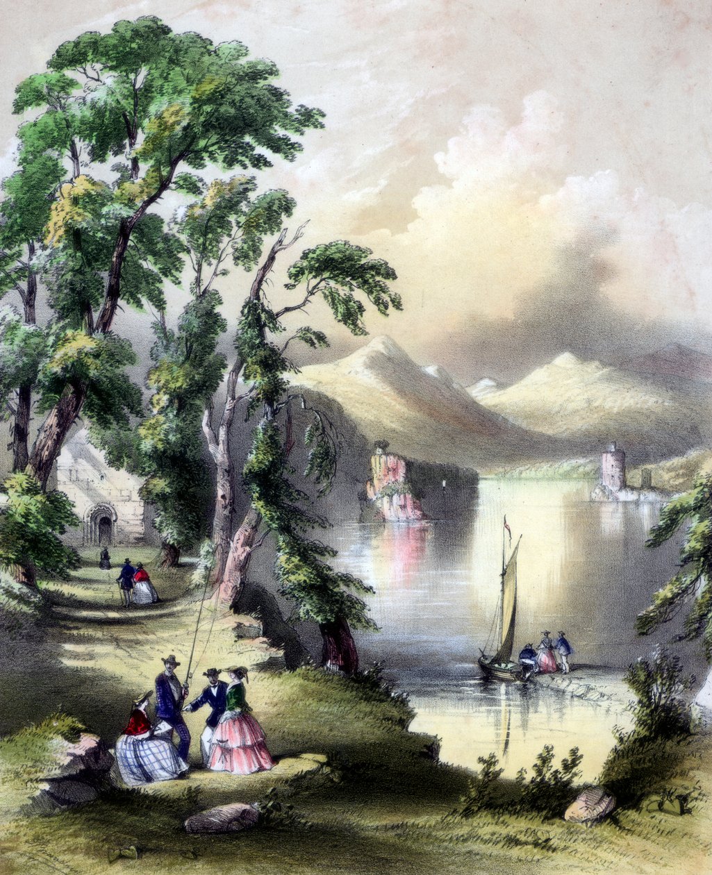 A Killarney-tó az Innisfallen Abbey romjaival, Írország, 19. század. alkotó: John Brandard