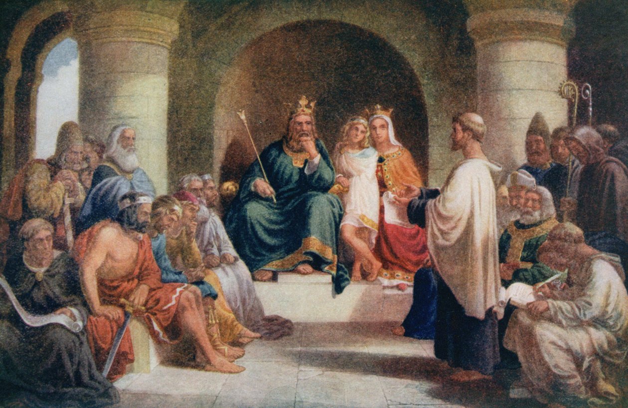 Alfréd király (849-99) benyújtja törvényeit a Witánnak, illusztráció a 