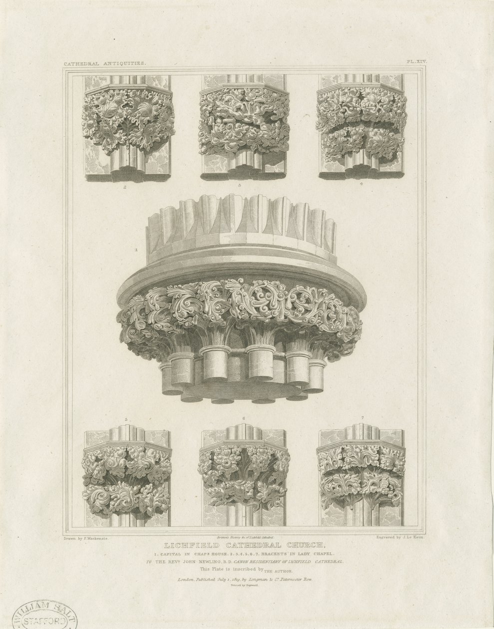 Lichfield székesegyház belseje – Cluster Pillar a Chapter House-ban és zárójelek a Lady Chapel-ben: metszet, nd [c 1819] (nyomtatás) alkotó: John Britton
