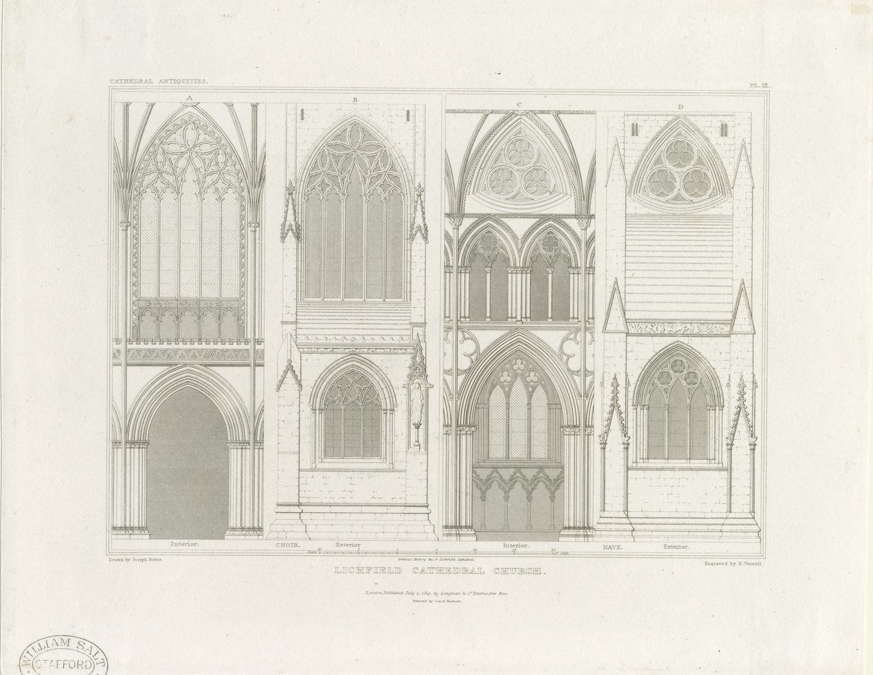 Lichfield katedrális belseje – Hajó és kórus: metszet, nd [c 1819] (nyomtatás) alkotó: John Britton