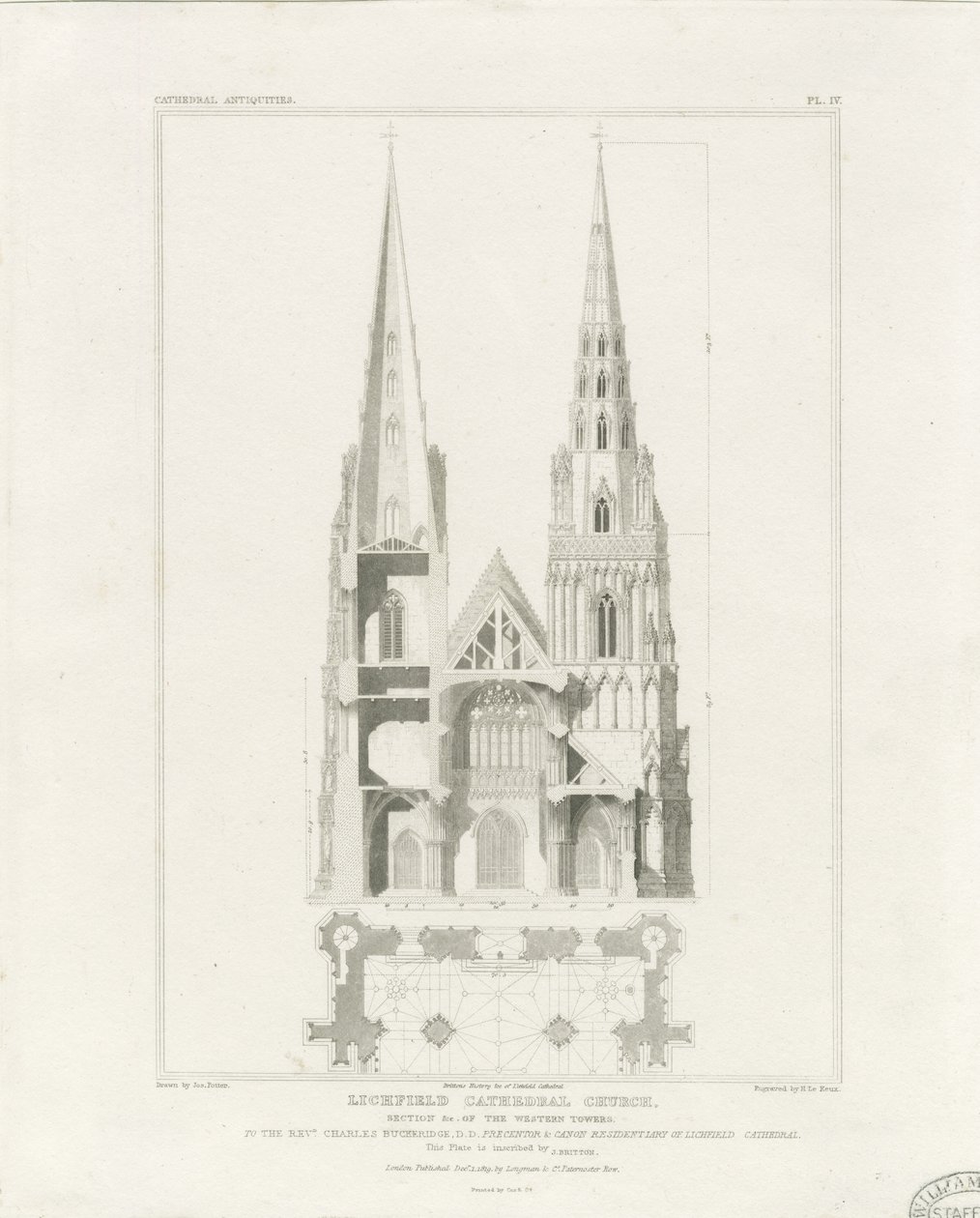 Lichfield katedrális – nyugati front: metszet, nd [c 1819] alkotó: John Britton