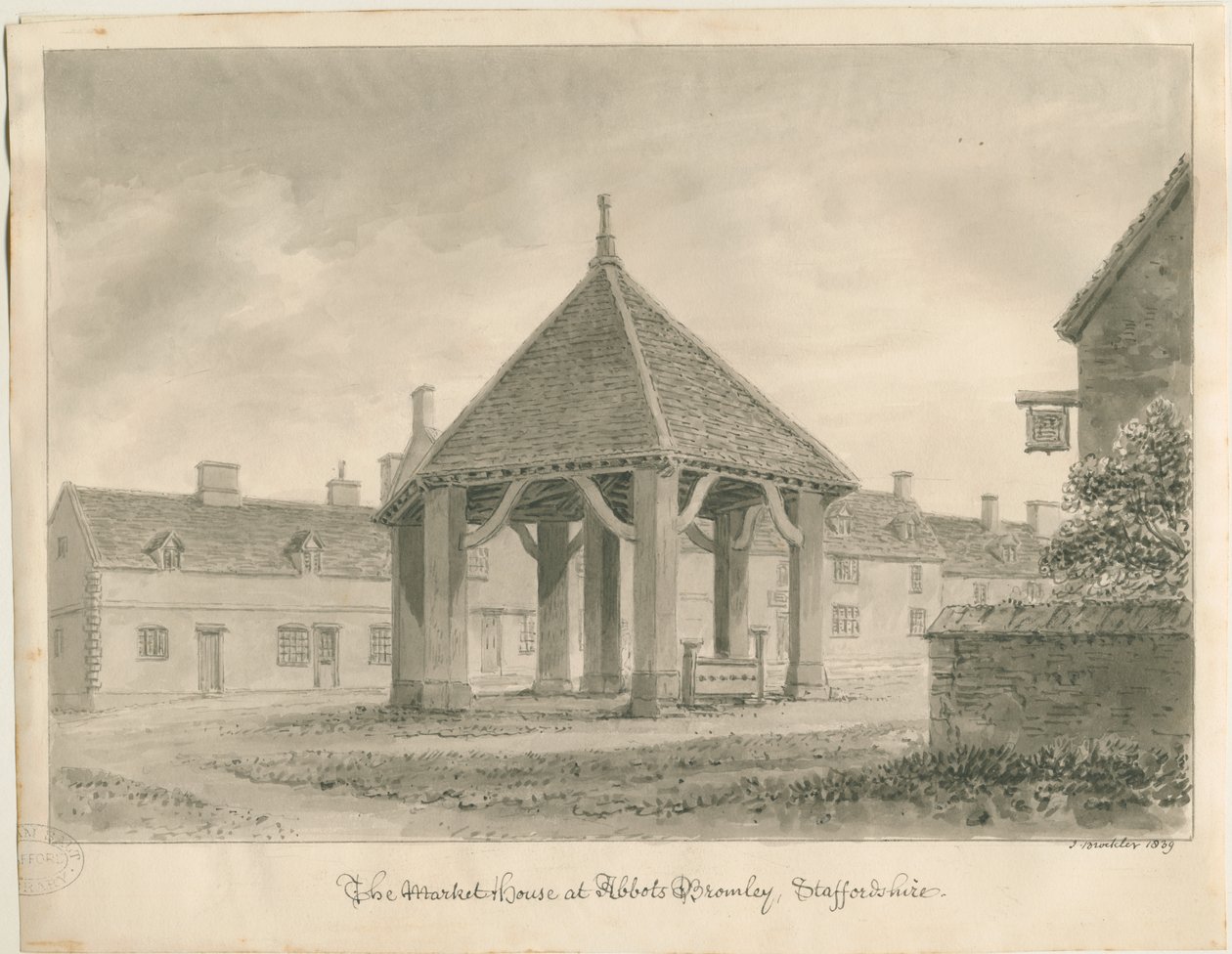 Abbots Bromley – Market House and Stocks: szépia rajz, 1839 alkotó: John Buckler
