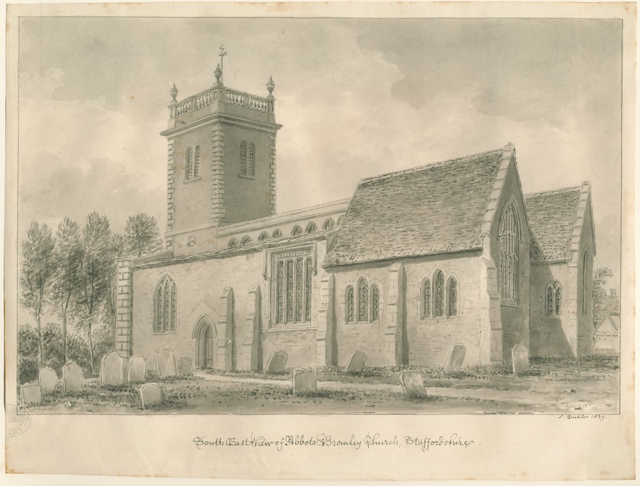 Abbots Bromley templom: szépia rajz alkotó: John Buckler