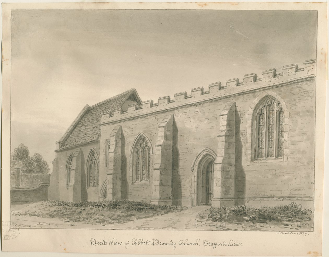 Abbots Bromley templom: szépia rajz alkotó: John Buckler