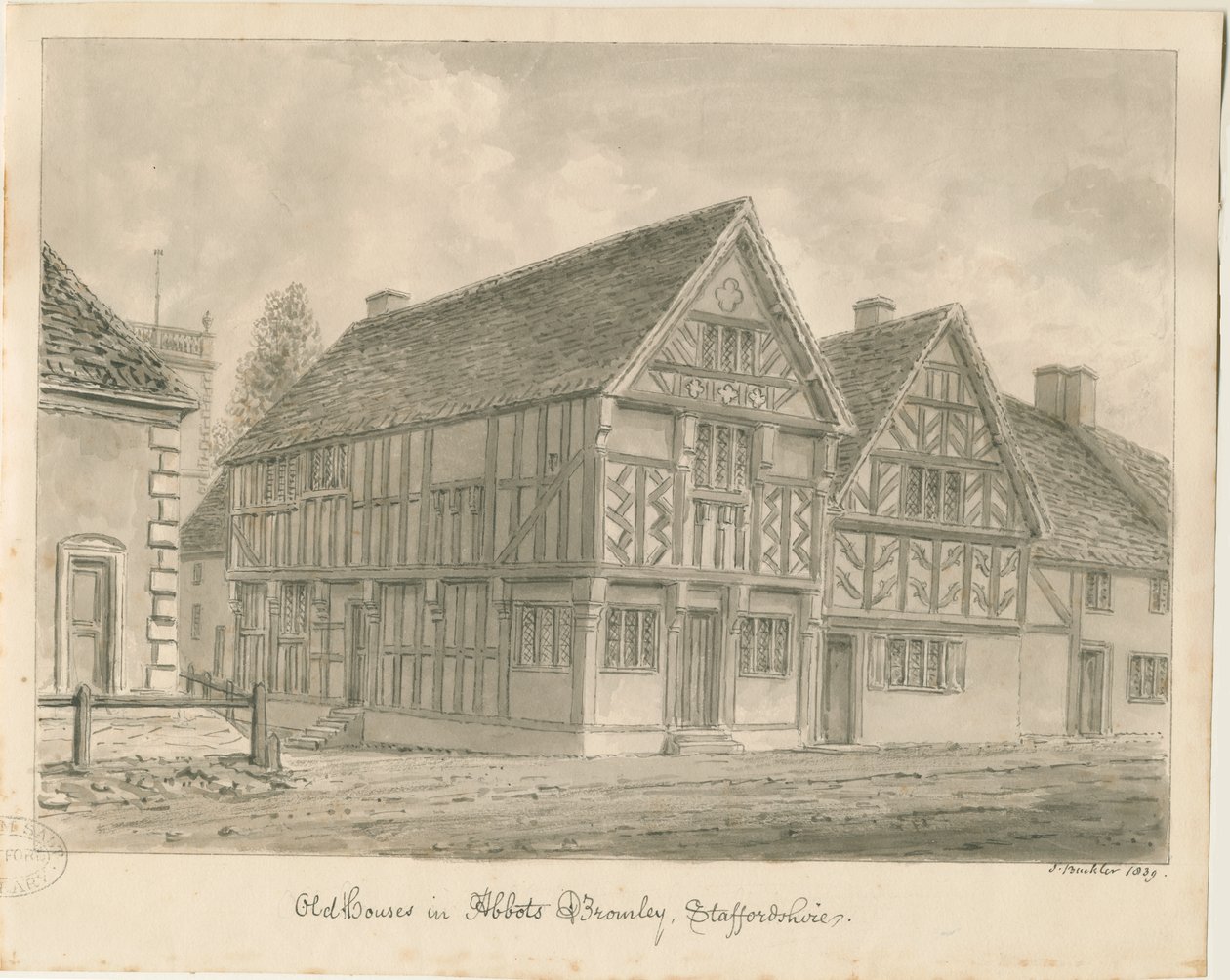 Abbots Bromley Old Houses: szépia rajz, 1839 alkotó: John Buckler