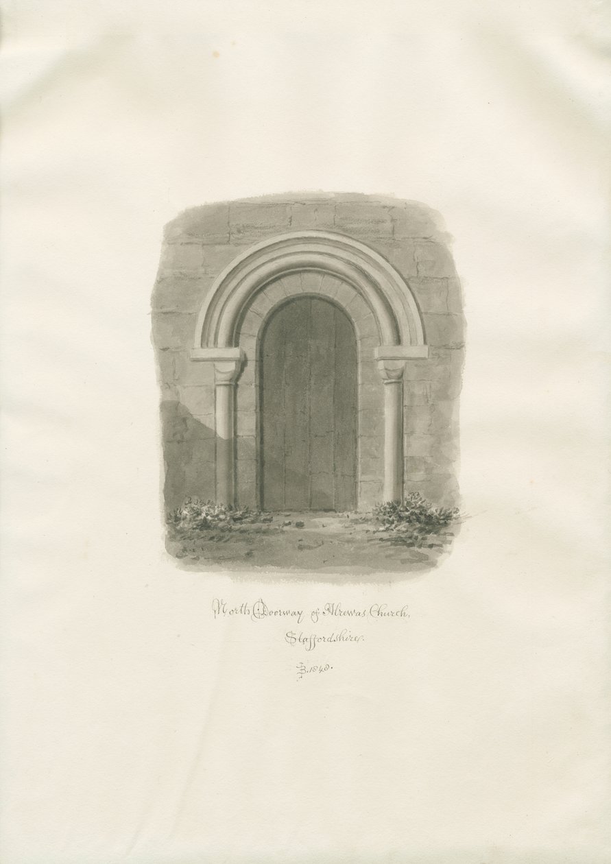 Alrewas templom - Északi ajtó: szépia rajz alkotó: John Buckler