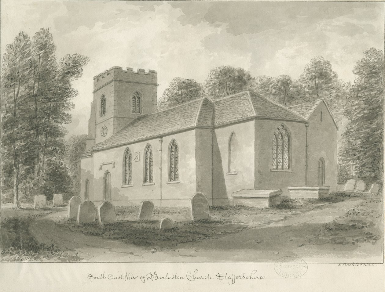 Barlaston templom: szépia rajz, 1844 alkotó: John Buckler