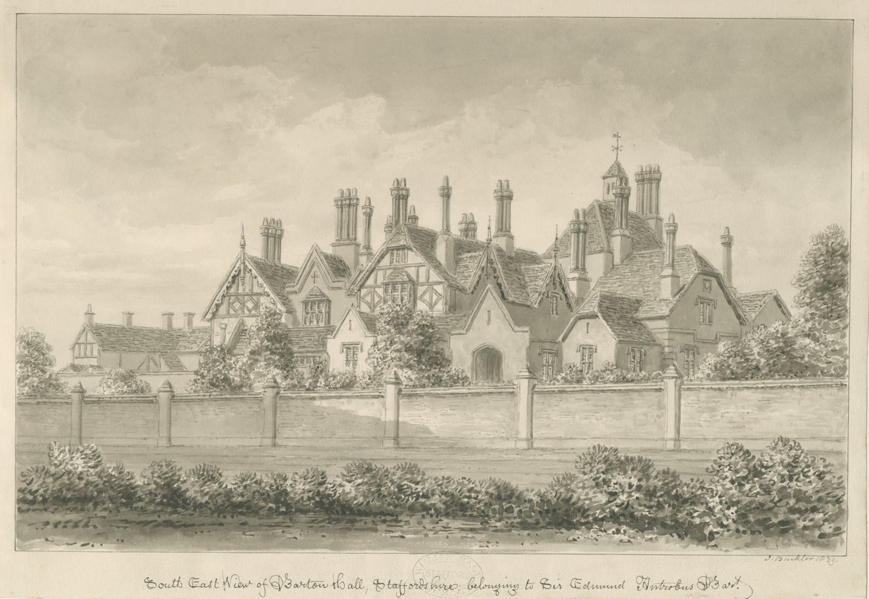 Barton Needwood alatt - "Barton Hall": szépia rajz, 1839 alkotó: John Buckler