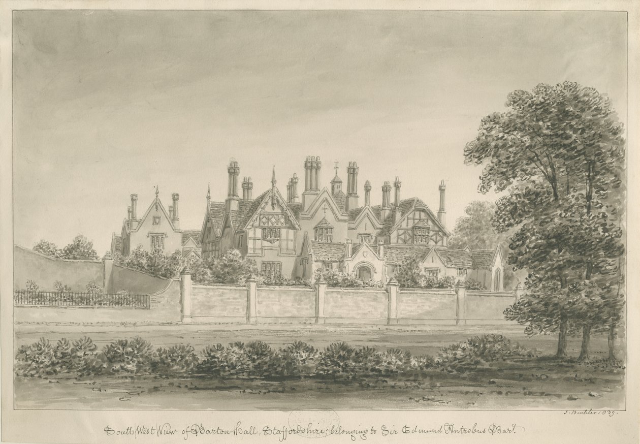 Barton Needwood alatt - "Barton Hall": szépia rajz, 1839 alkotó: John Buckler
