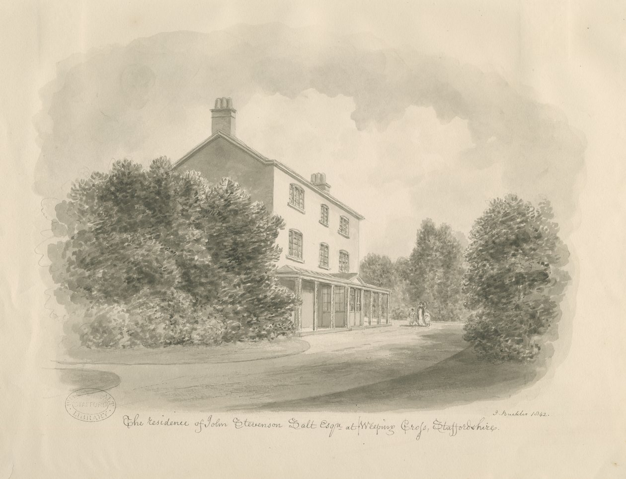 Baswich Village - John Stevenson Salt háza, Esq. : szépia rajz, 1842 alkotó: John Buckler