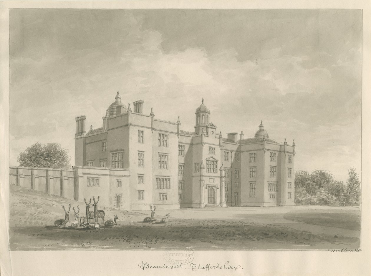 Beaudesert Hall és Park: szépia rajz alkotó: John Buckler