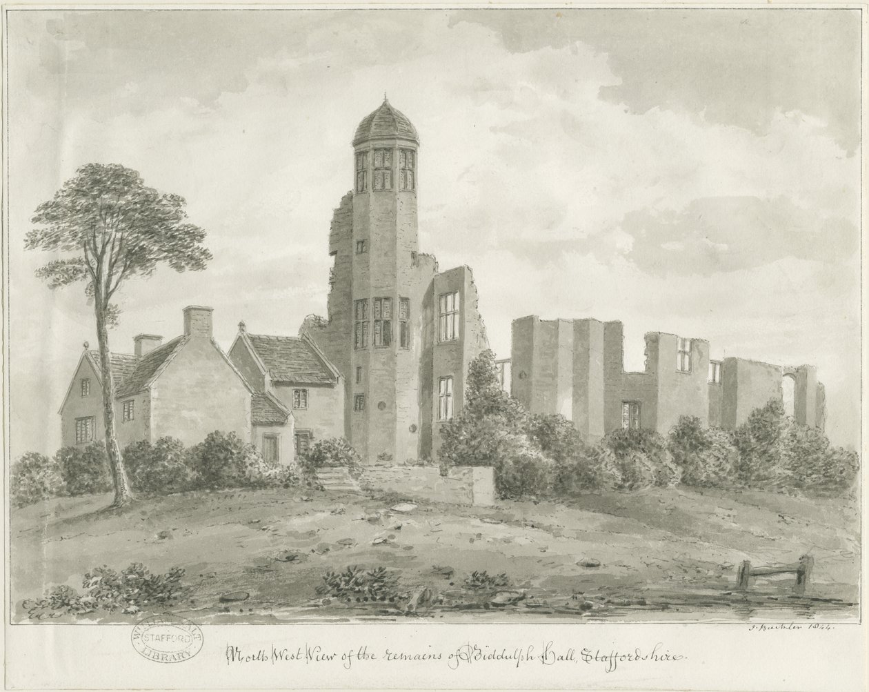 Biddulph Hall (régi): szépia rajz alkotó: John Buckler