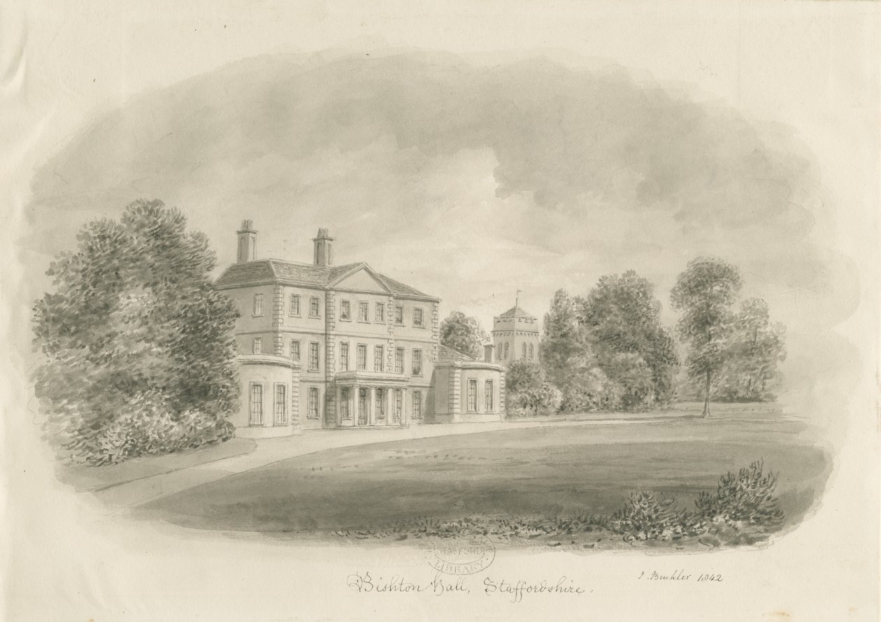 Bishton Hall: szépia rajz alkotó: John Buckler