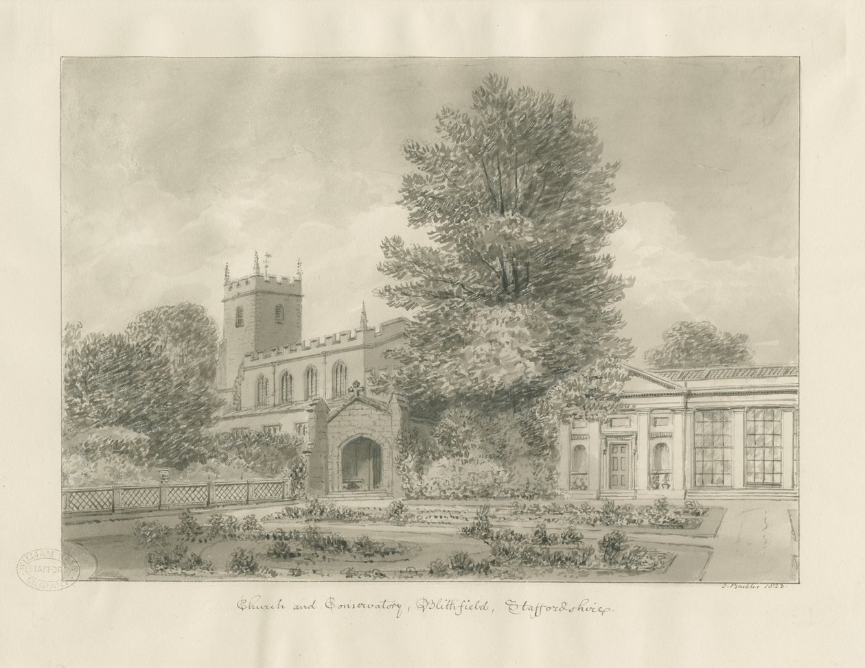 Blithfield templom: szépia rajz alkotó: John Buckler