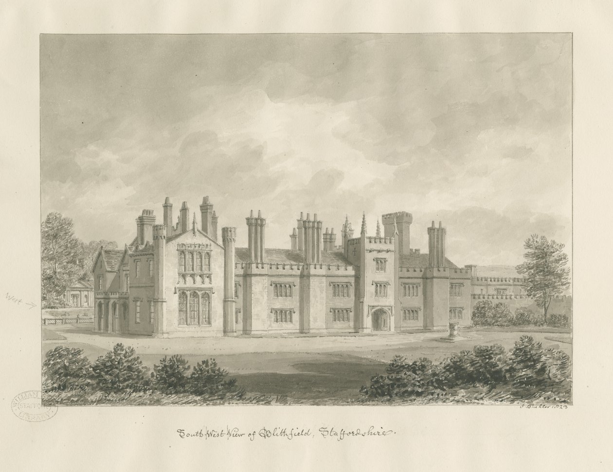 Blithfield Hall: szépia rajz, 1823 alkotó: John Buckler